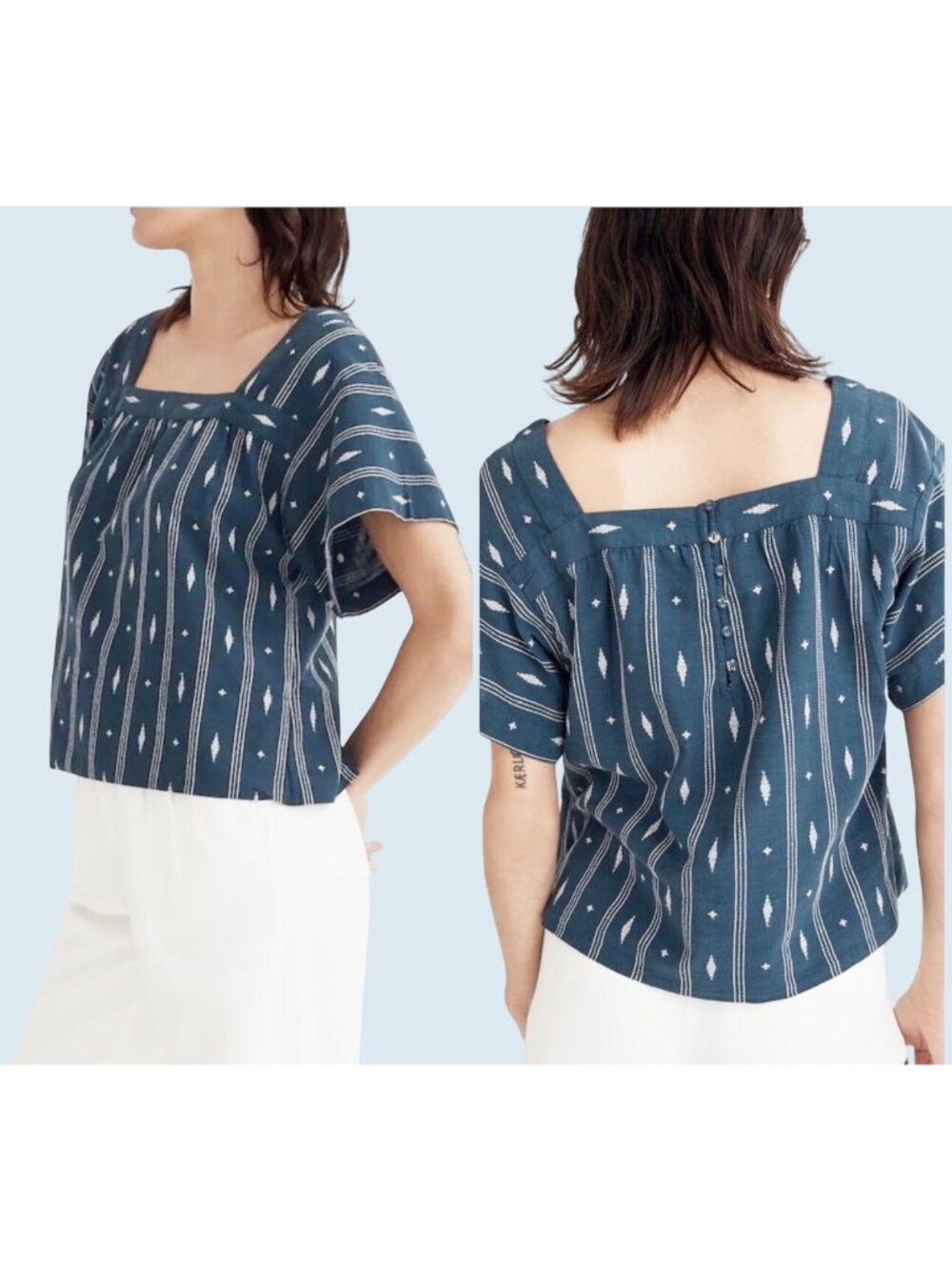 MADEWELL Square Neck Short Sleeve Boho Blue Blouse Top Size Small
